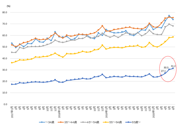 ネットショッピング利用世帯の割合の推移（世帯主の年齢階級別）