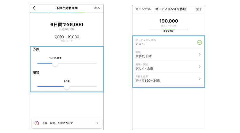 Instagram広告 広告マネージャ 予算と掲載期間 オーディエンス